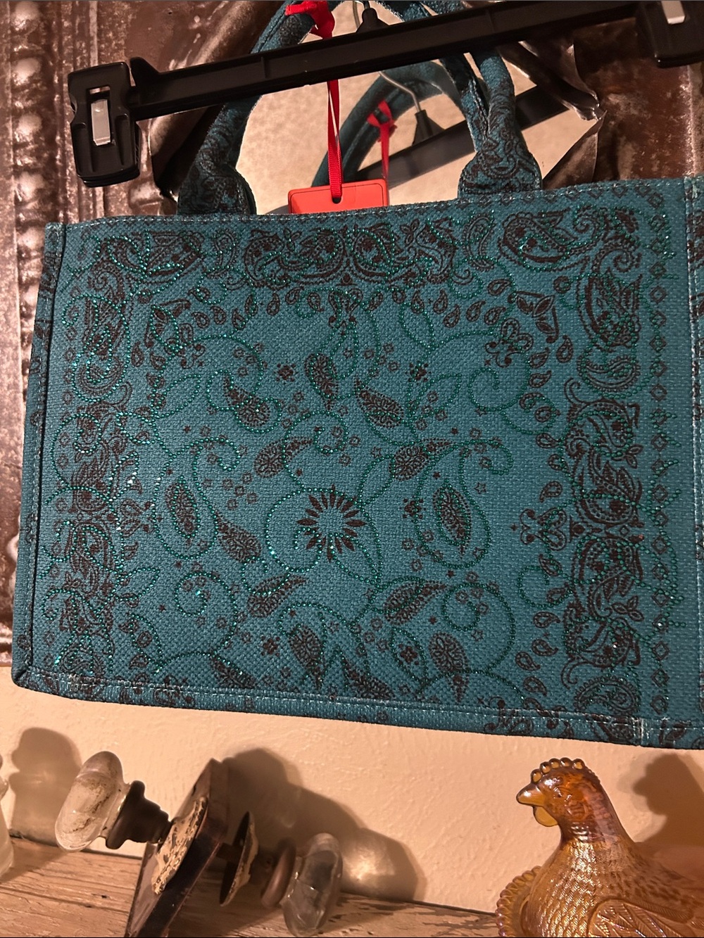 Stylish Teal Paisley/ Bling Tote Bag for Home Storage & Organization - Picture 3 of 6